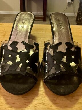 J.Renee Black Floral Clear-Panel Slide Mules